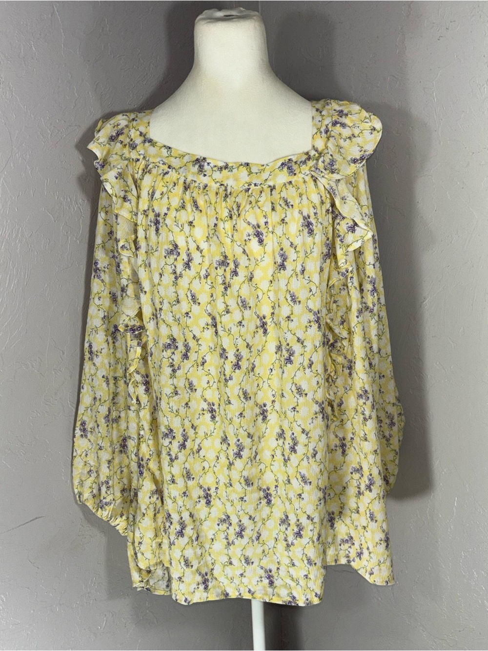 Chaps Yellow Floral Ruffle-Trim Peasant Blouse - Picture 2 of 14